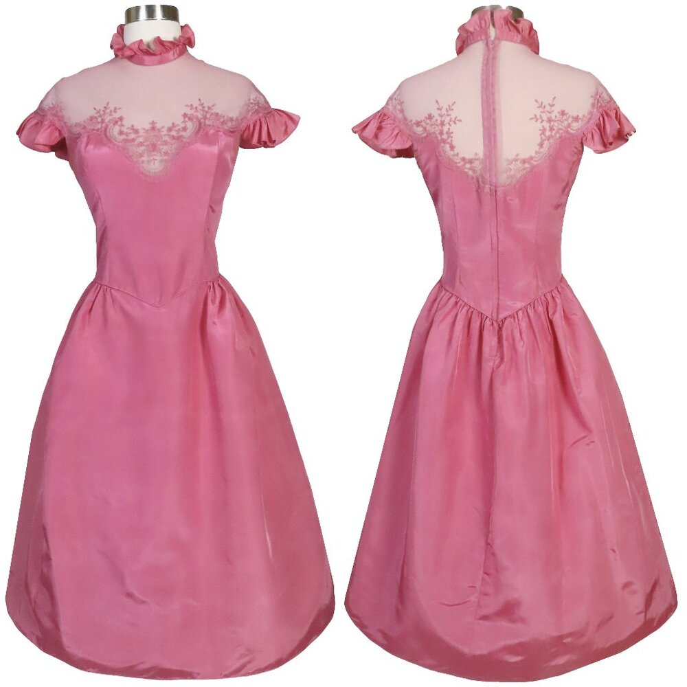 Vintage 70s 80s Pink Ruffle Sleeve Neck Taffeta Prom Gown Party Prom Dress S M